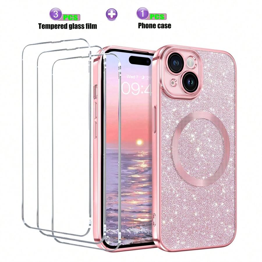 Hadaasi 3片钢化玻璃膜 + 1个闪粉磁吸透明手机壳，带屏幕保护膜和集成摄像头镜头保护，硅胶超薄防指纹无线[不泛黄]，透明电镀手机壳，兼容苹果17pro/17promax/苹果Air/17/16pro/16promax/16plus/16/15pro/15promax/15plus/15/14pro/14plus/14pro/13promax/13/12pro/12promax/12/11promax/11/11/11pro