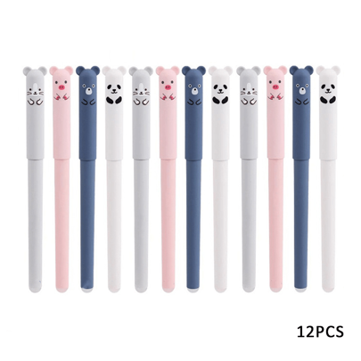 12 pezzi all'ingrosso di penne cancellabili con orsetti tedddy carini selezionate casualmente per studenti, ricariche di penne neutre con alto valore estetico, penne neutre blu e nere