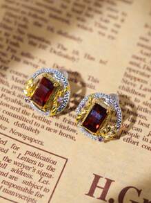 1 Đôi Bạc 925, Bông Tai Phong Cách Cổ Điển Mạ Vàng 18K Đính Đá Garnet Và Beryl, Thích Hợp Cho Trang Phục Hàng Ngày Và Trang Trọng - Màu Đỏ Sâu - Xem 2