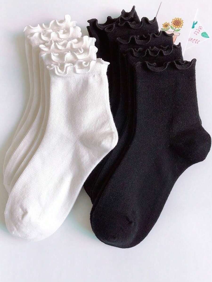 10 đôi Vớ thô ruffle trang trí vớ thăn dành cho phụ nữ quý bà vớ tối giản giữa bắp chân dành cho hàng ngày - Đen và trắng - Xem 1