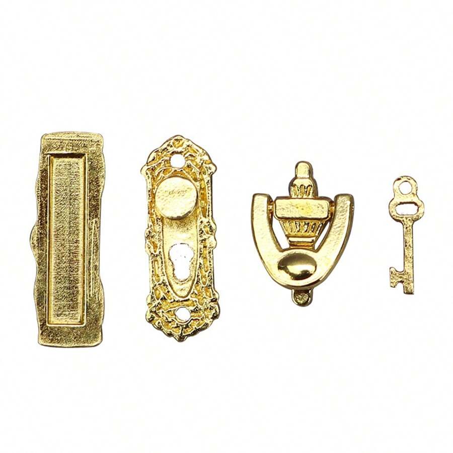 1 set/8 piezas Accesorios y decoraciones miniatura de puerta de madera para casa de muñecas, accesorios de muebles - Dorado - Ver 1