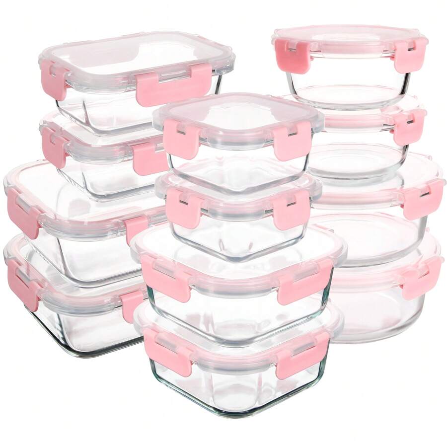 [24-Pieces ] High Borosilicate Glass Meal Prep Containers With Steam Vent, Food Storage Containers With Airtight Lids, For Home Kitchen Office Lunch Portion Control - Pink - View 1