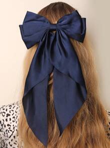 1pc Korean Style Big Bow Ribbon Decor Hair Clip, High-End Satin Spring Clamp For Back Of Head - Navy Blue - View 3