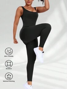 Aaseow Women's Jumpsuits Ribbed One Piece Tank Tops Rompers Sleeveless Yoga Exercise Jumpsuits Shapewear Bodysuit - Black - View 3