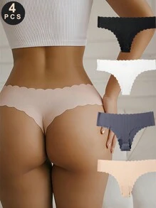 4 piezas Tanga elástico y sin costuras de unicolor para mujer, ropa interior respirable de talle bajo a rayas