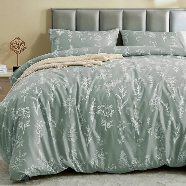 JOLLYVOGUE Duvet Cover , Reversible Floral Beige Duvet Cover Set With Zipper Closure, 3 Pieces Botanical Patterns Soft Microfiber Bedding Set With 4 Ties (1 Duvet Cover, 2 Pillow Cases)