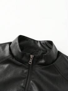 1pc Men's Outdoor Windproof Leather Jacket, Stand Collar, Solid Color, Versatile Motorcycle Leather Coat - Black - View 3