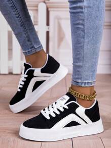 秋冬女士休闲运动鞋，系带软底厚底滑板鞋，百搭低帮舒适鞋 - 黑與白 - 查看 3