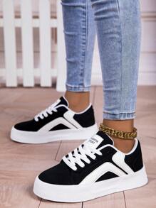 秋冬女士休闲运动鞋，系带软底厚底滑板鞋，百搭低帮舒适鞋 - 黑與白 - 查看 2