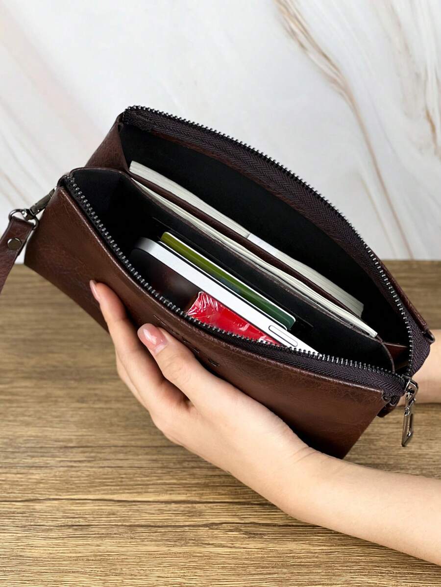 HOVI'S 时尚男士手拿包，大容量商务手提包，双层拉链长款钱包手拿包，男士完美礼物 - 棕色 - 查看 1