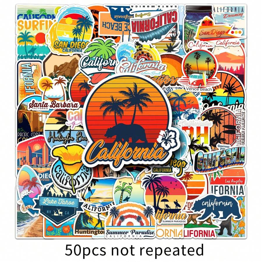 50 张加州涂鸦贴纸，户外旅行装饰贴纸，适用于行李箱、手机、笔记本电脑、水瓶、头盔、滑板、文具、摩托车 - 50張加州-1134 - 查看 1