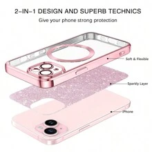 Hadaasi 3片钢化玻璃膜 + 1个闪粉磁吸透明手机壳，带屏幕保护膜和集成摄像头镜头保护，硅胶超薄防指纹无线[不泛黄]，透明电镀手机壳，兼容苹果17pro/17promax/苹果Air/17/16pro/16promax/16plus/16/15pro/15promax/15plus/15/14pro/14plus/14pro/13promax/13/12pro/12promax/12/11promax/11/11/11pro - 3片強化膜+粉紅手機殼 - 查看 3