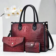 Light Luxury High-End Genuine Leather Texture Crocodile Pattern Handbag, Fashionable Large Capacity Three Piece Set, Versatile Single Shoulder Crossbody Bag