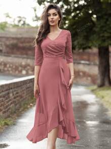 MIUSOL V Neck Floral Lace Ruffle Trim 3/4 Sleeve Evening Party Long Dress