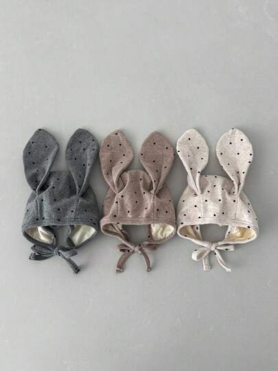 1pc Cute Rabbit Ear Design Baby Hat, Newborn Infant Thick Warm Earflap Beanie, Polka Dot Print, Double Layer, For Baby Girls