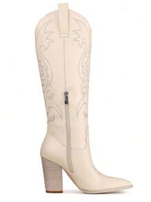 Cowgirl Boots Women Western Knee High Boots Embroidered Chunky Block Heel Cowboy Boots Pointed Toe Pull On Cowgirl Boots - trắng - Xem 8