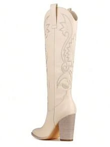 Cowgirl Boots Women Western Knee High Boots Embroidered Chunky Block Heel Cowboy Boots Pointed Toe Pull On Cowgirl Boots - trắng - Xem 7
