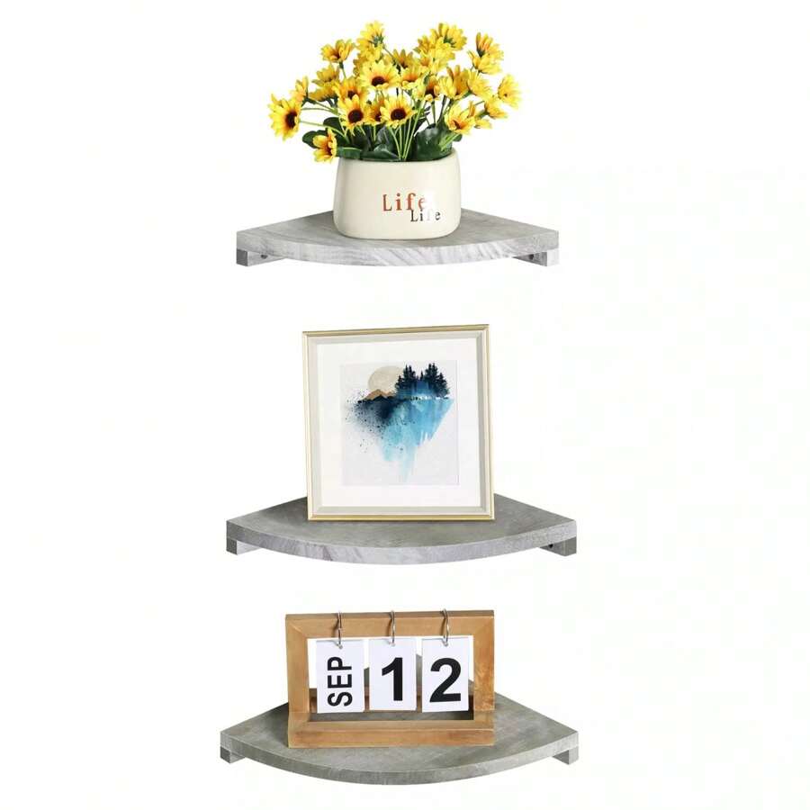 Rustic White Floating Corner Shelves Set Of 3 Wall Mount Display Shelf For HomeRoom Decor - Grey - View 1