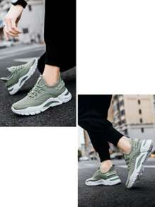 Casual de malla transpirable colchón de aire de color sólido de los hombres de tenis y raqueta de zapatos deportivos, punta antideslizante sandalias planas pareja, adecuado para los viajes diarios, viajes, correr, fitness, caminar - Verde - Ver 6