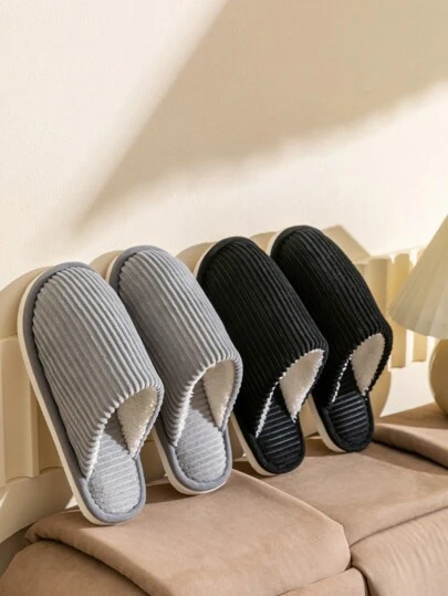 Men's Simple Striped Corduroy Slippers, Autumn/Winter Indoor Bedroom Living Room Couple House Slippers