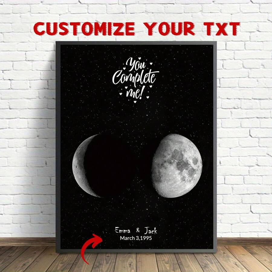 1 件定制月亮印花黑色，个性化墙面装饰礼物，个性化月相印花，纪念品，可打印婚礼礼物，月相壁画，情人节生日订婚结婚纪念日纪念礼物，惊喜装饰 - 款式2 - 查看 1