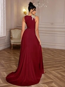 Elisanya 女士优雅圆领3D立体花卉高开衩晚礼服，正式舞会礼服，适合晚宴、婚礼宾客等场合。 - 酒紅色 - 查看 3