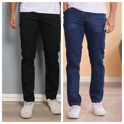 Kit 2 Calças Denim Masculinas com Elastano Modelagem Slim Fit Casual Confortável Básica