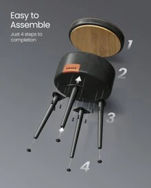 VASAGLE EKHO Collection - Storage Ottoman, Dressing Table Stool, Synthetic Leather With Stitching, Mid-Century Modern, Round Storage Stool Seat With Steel Legs, Loads 150 Kg - Black - View 7