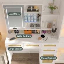 Makeup Vanity With Lights In 3 Colors & Openable Mirror, Vanity Desk With 4 Drawers & 1 Cabinets & Shelves, Vanity Table Rattan Vanity Dresser, For Bedroom.Mo-Autos
