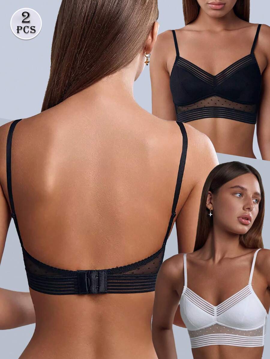 2 件套黑色 + 白色蕾丝无钢圈性感法式背部文胸，U 领露背隐形文胸，内衣