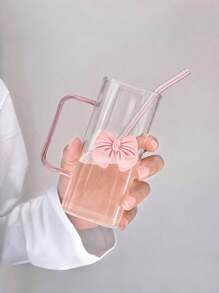 1 pieza Taza de café de 400ml con decoración de lazo rosa, vaso de agua para el hogar con pajita, vaso de cristal aislado estético, para uso en la oficina y el hogar - Rosa - Ver 7
