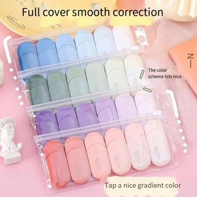 6 piezas/paquete Set de cintas correctoras de color degradado simple, cinta correctora de corrector blanco para correcciones instantáneas, aplicador limpio y fácil de usar, cinta correctora con estilo suave de chica de alta belleza, corregir escritura incorrecta para suministros de oficina y escolares