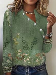 Women's Irregular Neck Printed Long Sleeve T-Shirt - Green - View 1