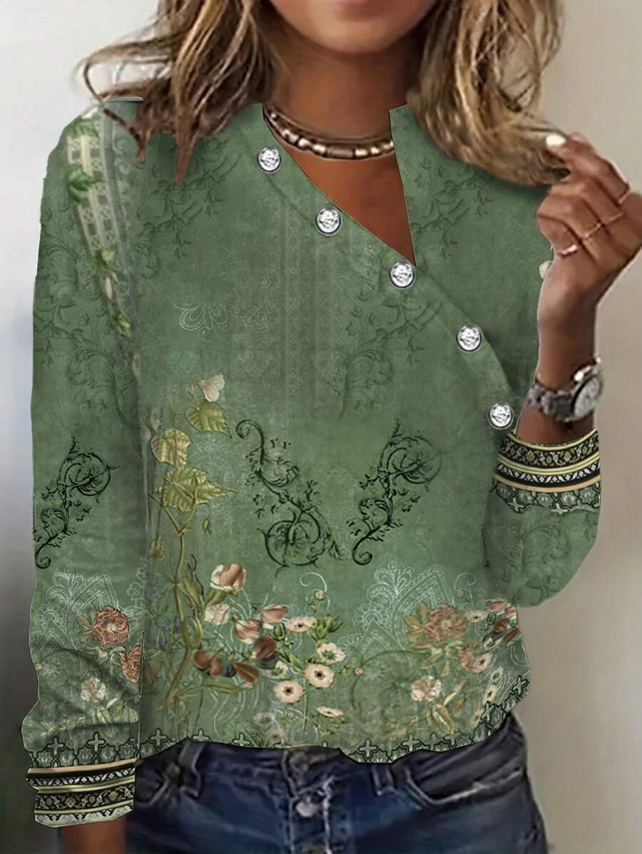Women's Irregular Neck Printed Long Sleeve T-Shirt - Green - View 1
