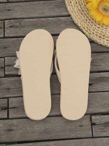 Fashion Women's Double Flower Flip Flops, Korean Style Floral Fabric Strap Solid Color Flat Slippers, Casual Beach Slide Sandals - Beige - View 6