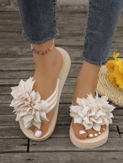 Fashion Women's Double Flower Flip Flops, Korean Style Floral Fabric Strap Solid Color Flat Slippers, Casual Beach Slide Sandals