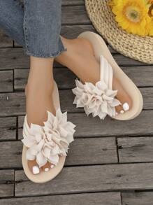 Fashion Women's Double Flower Flip Flops, Korean Style Floral Fabric Strap Solid Color Flat Slippers, Casual Beach Slide Sandals - Beige - View 8