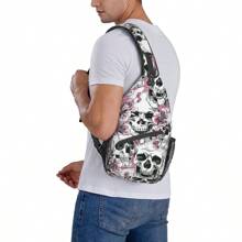 1pc Skull Print Shoulder Strap Chest Bag, Travel Hiking Fitness Crossbody Pack, Personalized Chest Pack