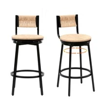 Honey Swivel Bar Stools Paper Rope Handwoven Barstools With Back Set Of 2 Rustic Round Counter Chairs For Dining Room, Kitchen Island (Honey).YH Choice