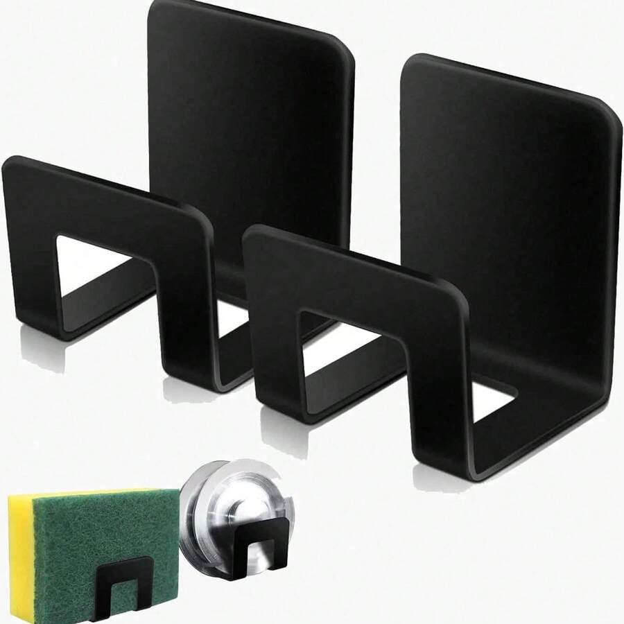 Soporte de esponja de acero inoxidable, organizador de fregadero sin taladrar, rejilla de drenaje de esponja, soporte de estropajo de cocina, estante colgante para trapos de cocina, color negro