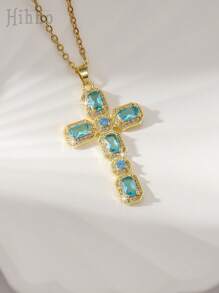 Hihho 1pc European & American Style Shiny Rhinestone Embellished Cross Pendant Necklace, Fashionable And Versatile Jewelry Gift For Women - Yellow Gold - View 16