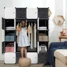 VA-Cerulean DIY Shelving System 20 Boxes With Door Wardrobe Plastic Shelving Unit Wardrobe Shoe Rack Plastic Boxes, Black With Pattern - Black - View 8