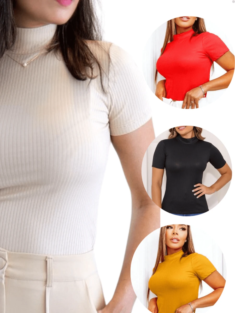 Kit 3 Cropped Blouses Feminine Ribbed Casual Sleeve Blouse - 彩色 - 查看 1