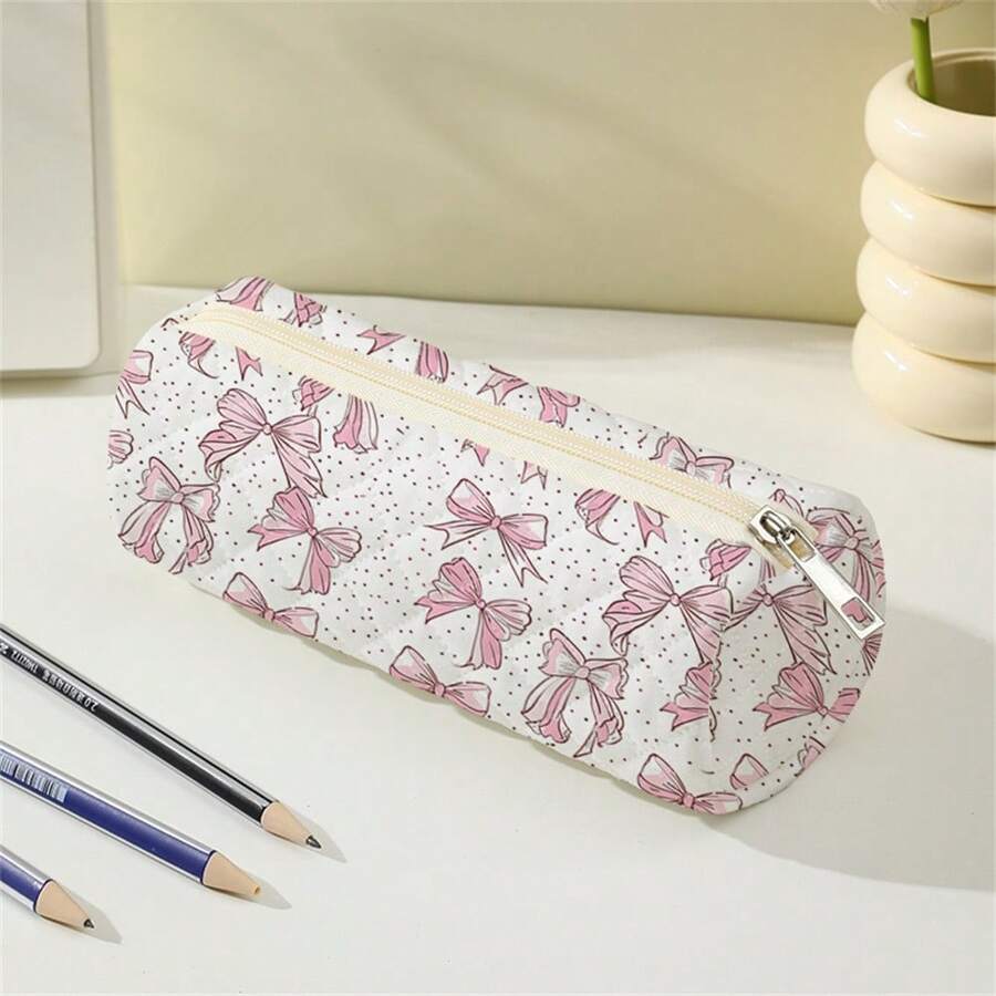 1pc Cartoon Bow Printed Round Rhombus Design Pencil Case, Large Capacity - Multicolor - View 1