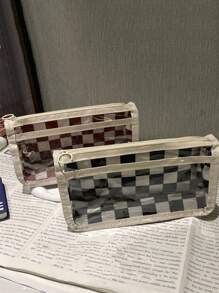 1pc Checkerboard Transparent Pencil Case Large Capacity Simple Design Stationery Pouch,Pencil Pouch,School Bag - Multicolor - View 3