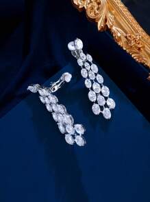 1pair Luxury Sparkling Oval Cubic Zirconia Long Dangle Drop Wedding Bridal Party Non-Piercing Clip-On Earrings