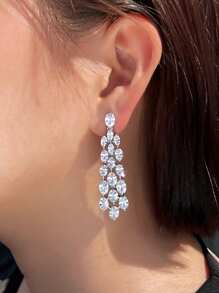 1pair Luxury Sparkling Oval Cubic Zirconia Long Dangle Drop Wedding Bridal Party Non-Piercing Clip-On Earrings