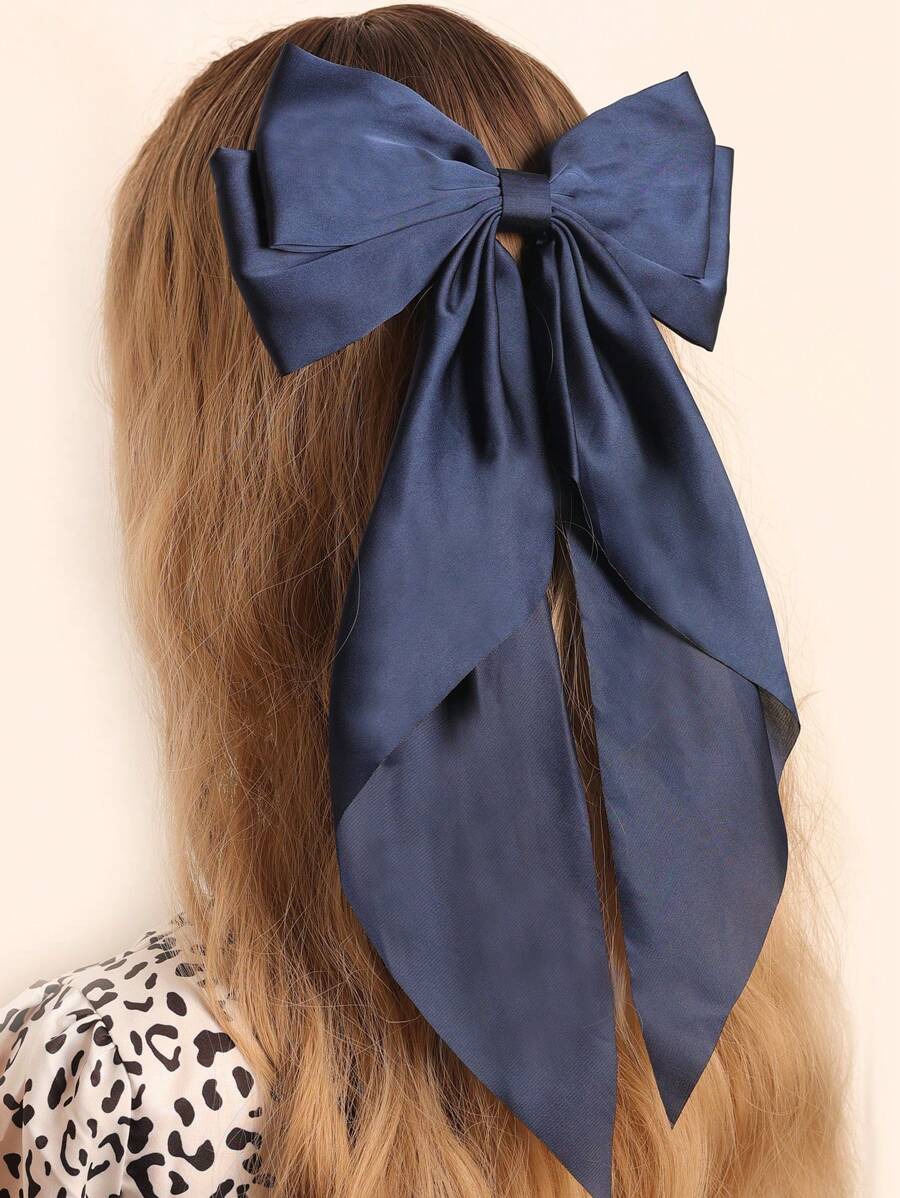 1pc Korean Style Big Bow Ribbon Decor Hair Clip, High-End Satin Spring Clamp For Back Of Head - Navy Blue - View 1