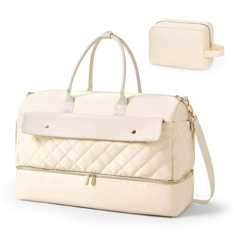 Travel Duffel Bag For Women, Large Weekender Bags With Shoe Compartment, Carry On Overnight Bag With Toiletry Makeup Bag, Travel Tote Bag  Gym Duffel Bag For Travel Gym Camping Hospital, Beige