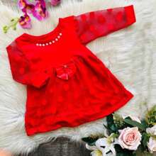 Lace Baby Dress With Pearls For Parties And Christening Baby Clothes - Red - View 2